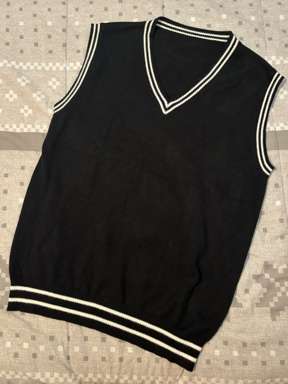 SHEIN - Black V-Neck Sweater Vest with White Stripe Trim